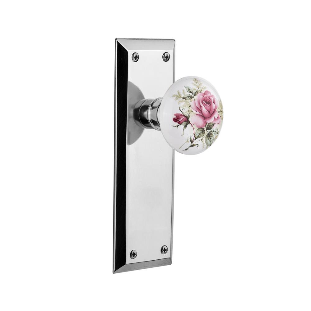 Nostalgic Warehouse NYKROS Privacy Knob New York Plate with Rose Porcelain Knob without Keyhole in Bright Chrome